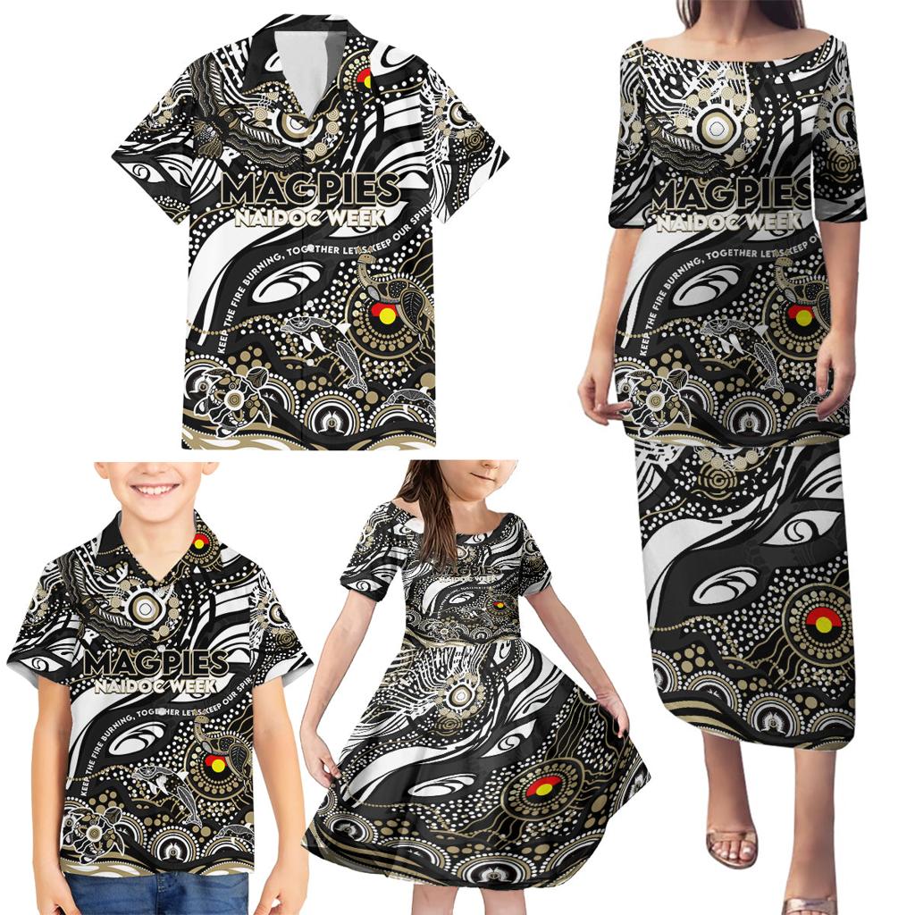 Custom NAIDOC Week 2024 Magpies Family Matching Puletasi and Hawaiian Shirt Aboriginal Animals Keep The Fire Burning
