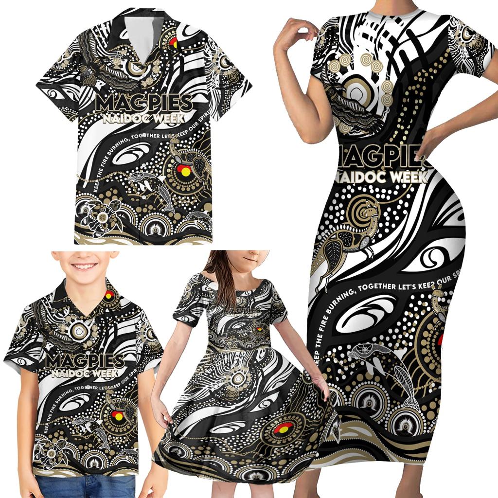 Custom NAIDOC Week 2024 Magpies Family Matching Short Sleeve Bodycon Dress and Hawaiian Shirt Aboriginal Animals Keep The Fire Burning