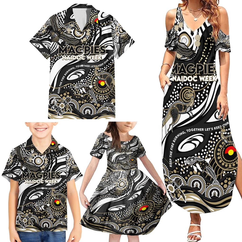 Custom NAIDOC Week 2024 Magpies Family Matching Summer Maxi Dress and Hawaiian Shirt Aboriginal Animals Keep The Fire Burning