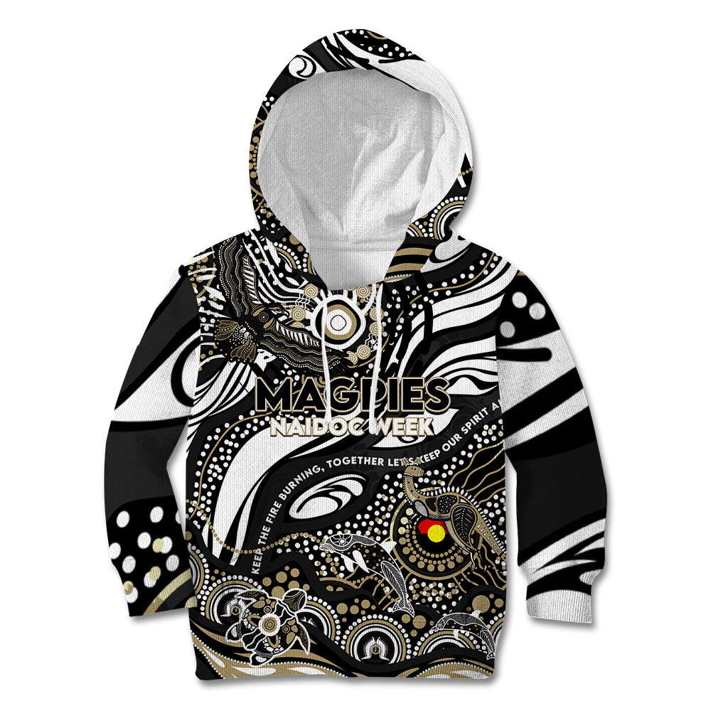 Custom NAIDOC Week 2024 Magpies Kid Hoodie Aboriginal Animals Keep The Fire Burning