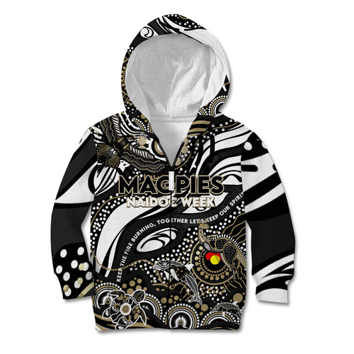 Custom NAIDOC Week 2024 Magpies Kid Hoodie Aboriginal Animals Keep The Fire Burning