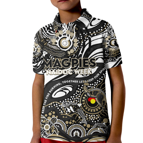 Custom NAIDOC Week 2024 Magpies Kid Polo Shirt Aboriginal Animals Keep The Fire Burning