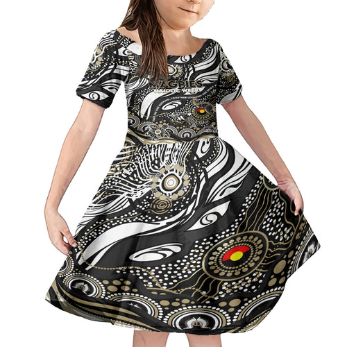 Custom NAIDOC Week 2024 Magpies Kid Short Sleeve Dress Aboriginal Animals Keep The Fire Burning