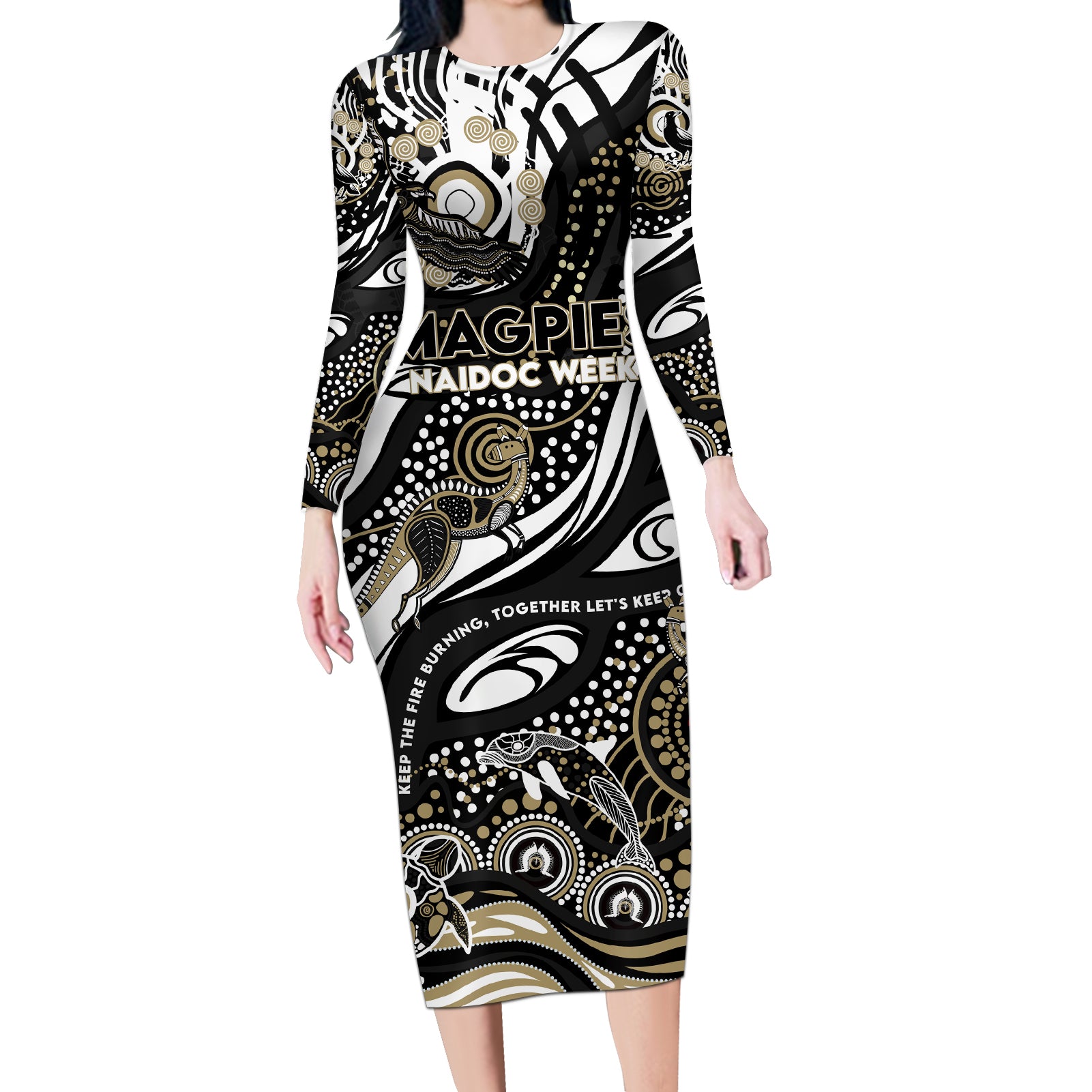 Custom NAIDOC Week 2024 Magpies Long Sleeve Bodycon Dress Aboriginal Animals Keep The Fire Burning