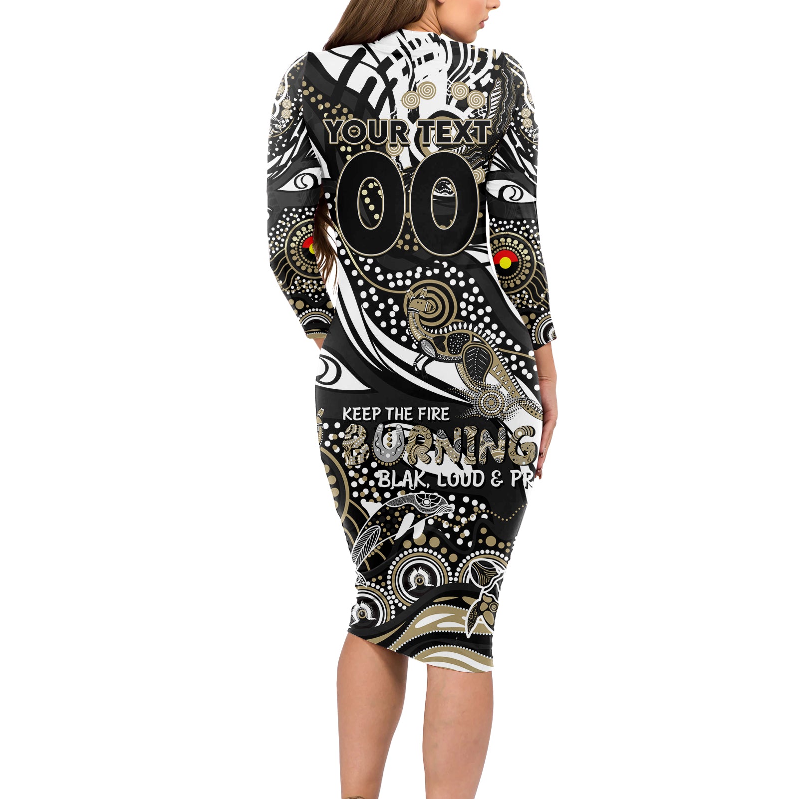 Custom NAIDOC Week 2024 Magpies Long Sleeve Bodycon Dress Aboriginal Animals Keep The Fire Burning