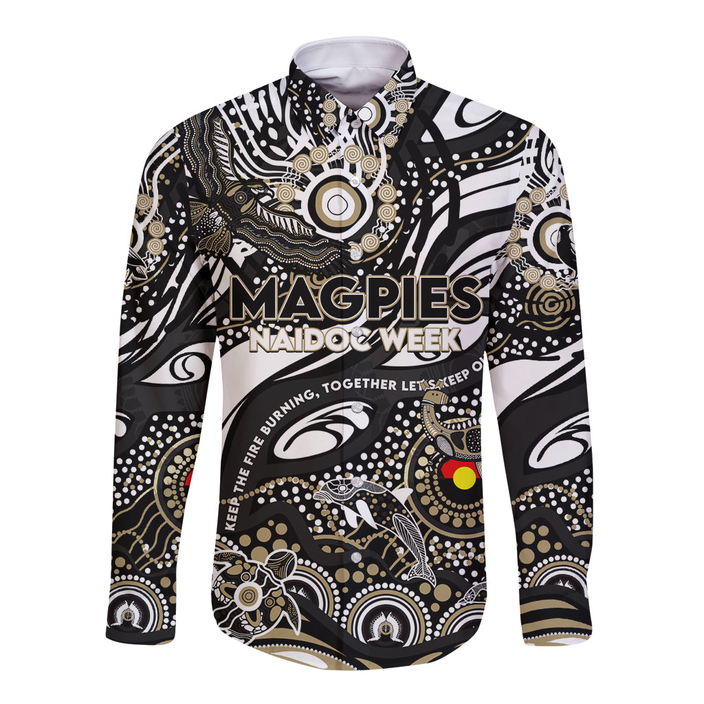 Custom NAIDOC Week 2024 Magpies Long Sleeve Button Shirt Aboriginal Animals Keep The Fire Burning
