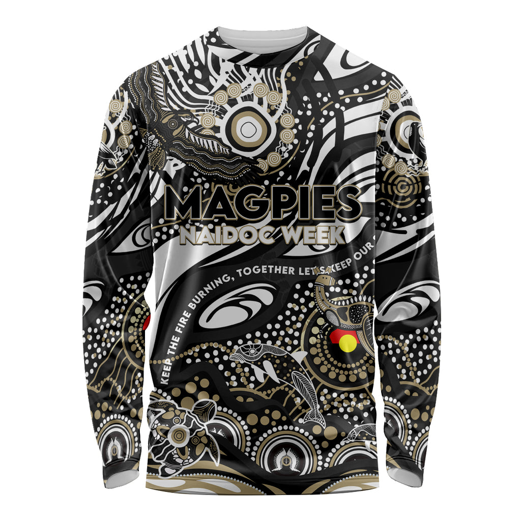 Custom NAIDOC Week 2024 Magpies Long Sleeve Shirt Aboriginal Animals Keep The Fire Burning