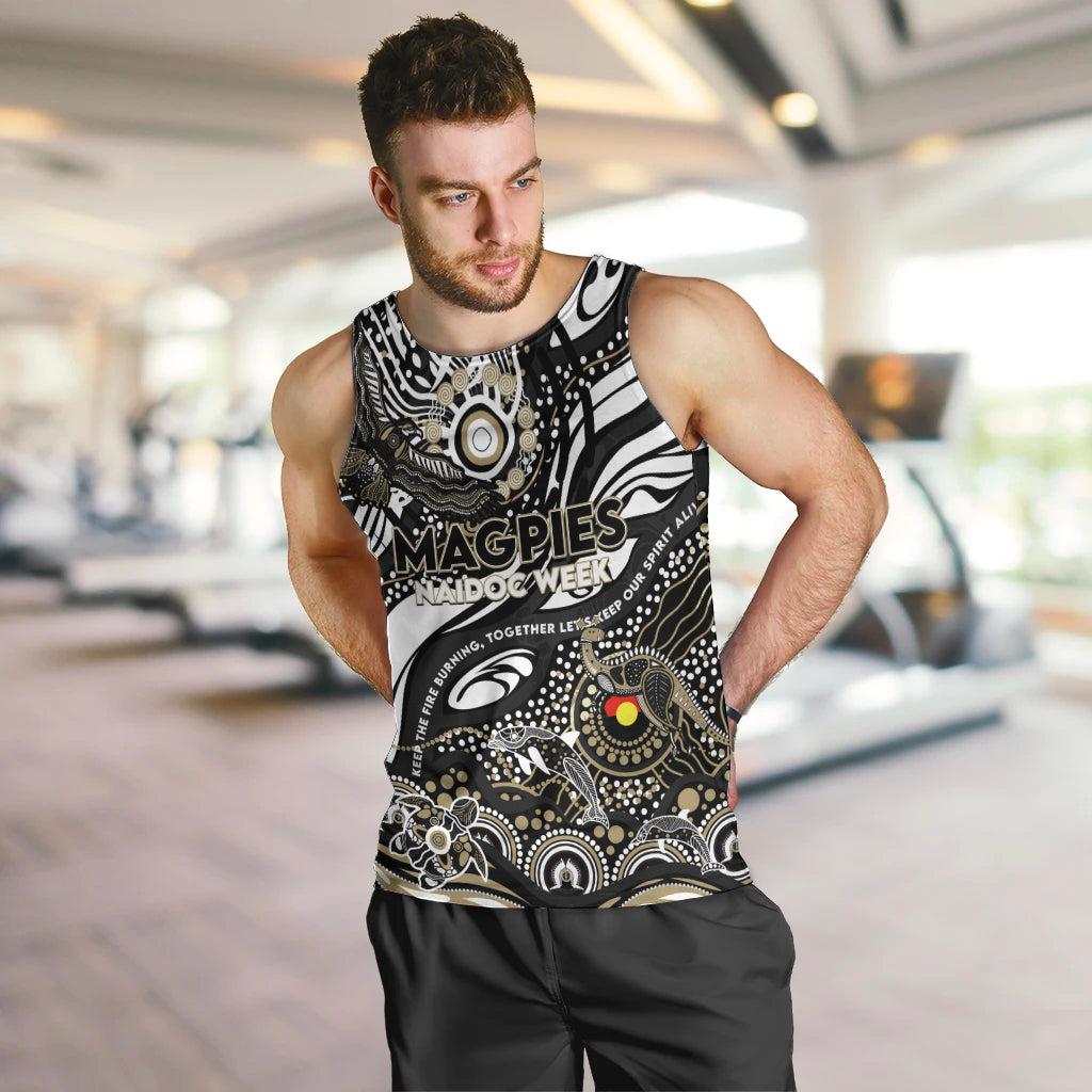 Custom NAIDOC Week 2024 Magpies Men Tank Top Aboriginal Animals Keep The Fire Burning