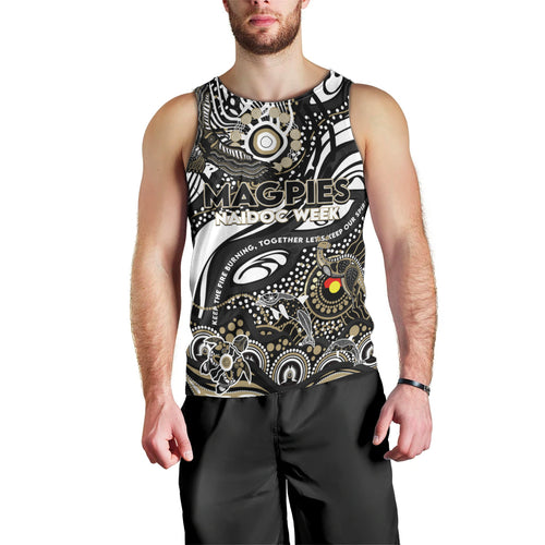 Custom NAIDOC Week 2024 Magpies Men Tank Top Aboriginal Animals Keep The Fire Burning
