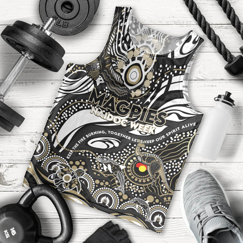 Custom NAIDOC Week 2024 Magpies Men Tank Top Aboriginal Animals Keep The Fire Burning