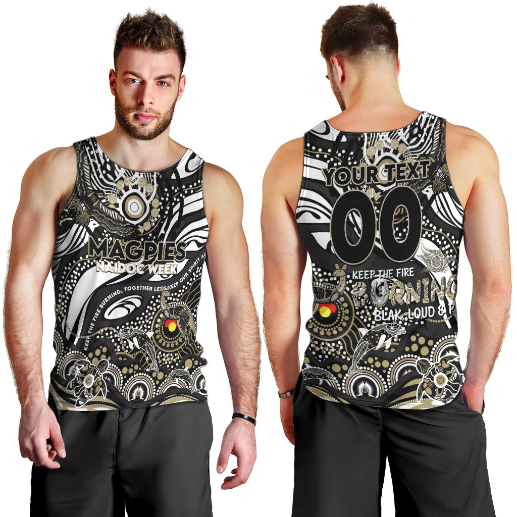 Custom NAIDOC Week 2024 Magpies Men Tank Top Aboriginal Animals Keep The Fire Burning