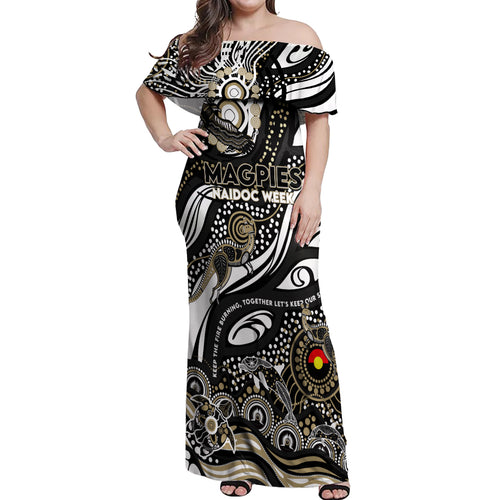 Custom NAIDOC Week 2024 Magpies Off Shoulder Maxi Dress Aboriginal Animals Keep The Fire Burning