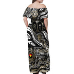 Custom NAIDOC Week 2024 Magpies Off Shoulder Maxi Dress Aboriginal Animals Keep The Fire Burning