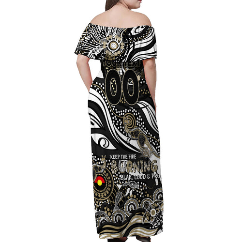 Custom NAIDOC Week 2024 Magpies Off Shoulder Maxi Dress Aboriginal Animals Keep The Fire Burning