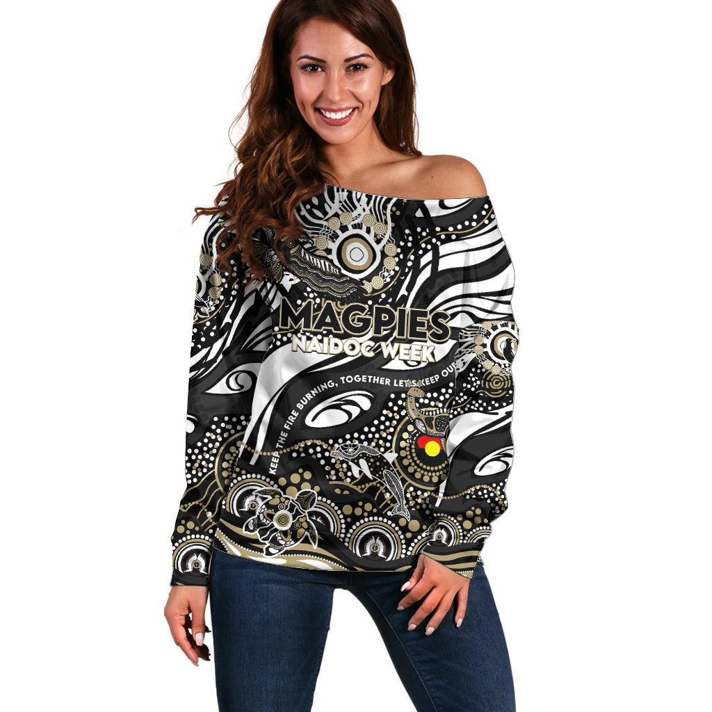 Custom NAIDOC Week 2024 Magpies Off Shoulder Sweater Aboriginal Animals Keep The Fire Burning