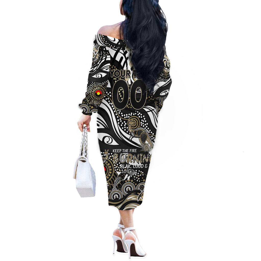 Custom NAIDOC Week 2024 Magpies Off The Shoulder Long Sleeve Dress Aboriginal Animals Keep The Fire Burning