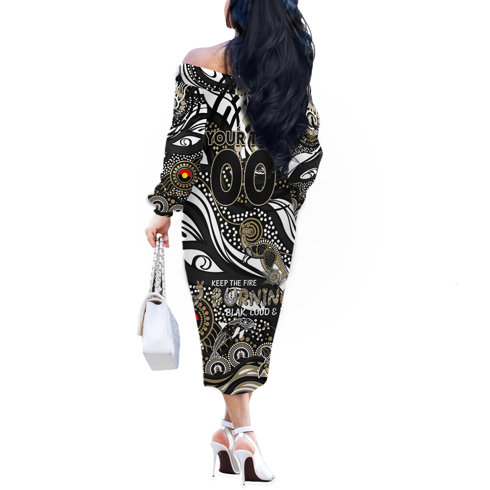 Custom NAIDOC Week 2024 Magpies Off The Shoulder Long Sleeve Dress Aboriginal Animals Keep The Fire Burning