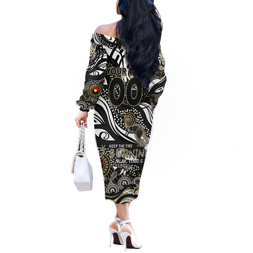 Custom NAIDOC Week 2024 Magpies Off The Shoulder Long Sleeve Dress Aboriginal Animals Keep The Fire Burning