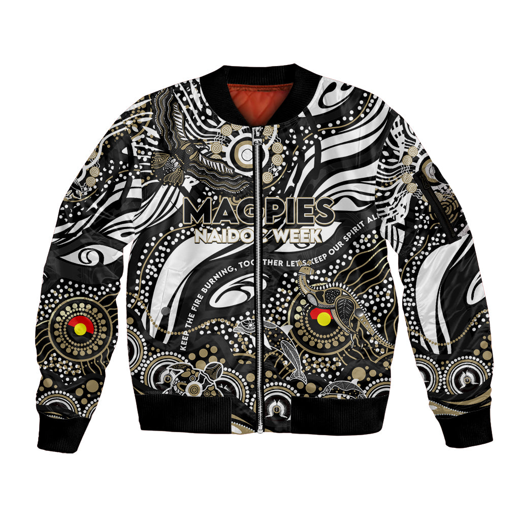 Custom NAIDOC Week 2024 Magpies Sleeve Zip Bomber Jacket Aboriginal Animals Keep The Fire Burning