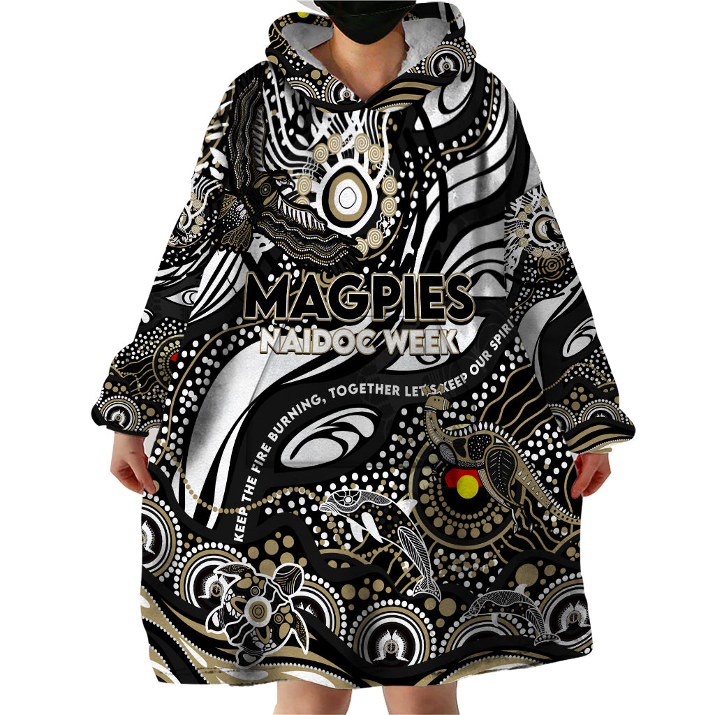 Custom NAIDOC Week 2024 Magpies Wearable Blanket Hoodie Aboriginal Animals Keep The Fire Burning
