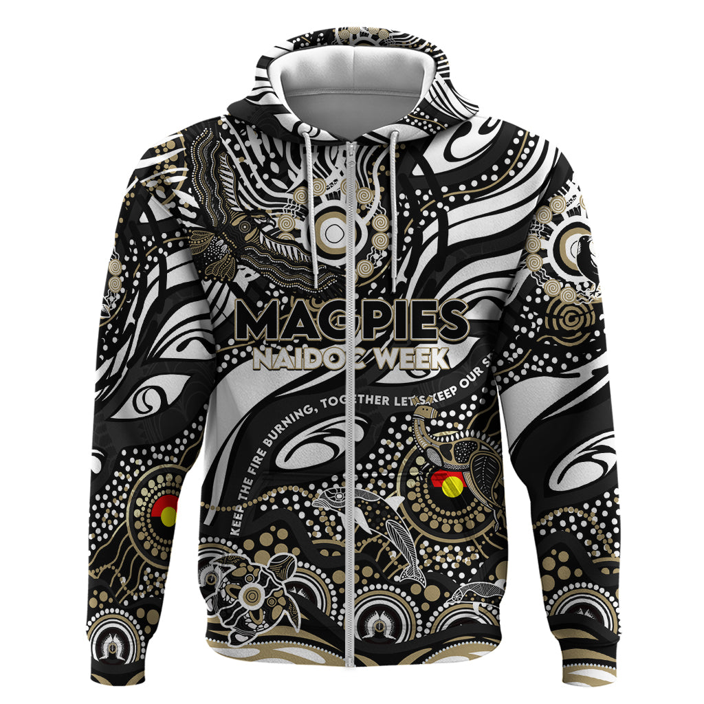 Custom NAIDOC Week 2024 Magpies Zip Hoodie Aboriginal Animals Keep The Fire Burning