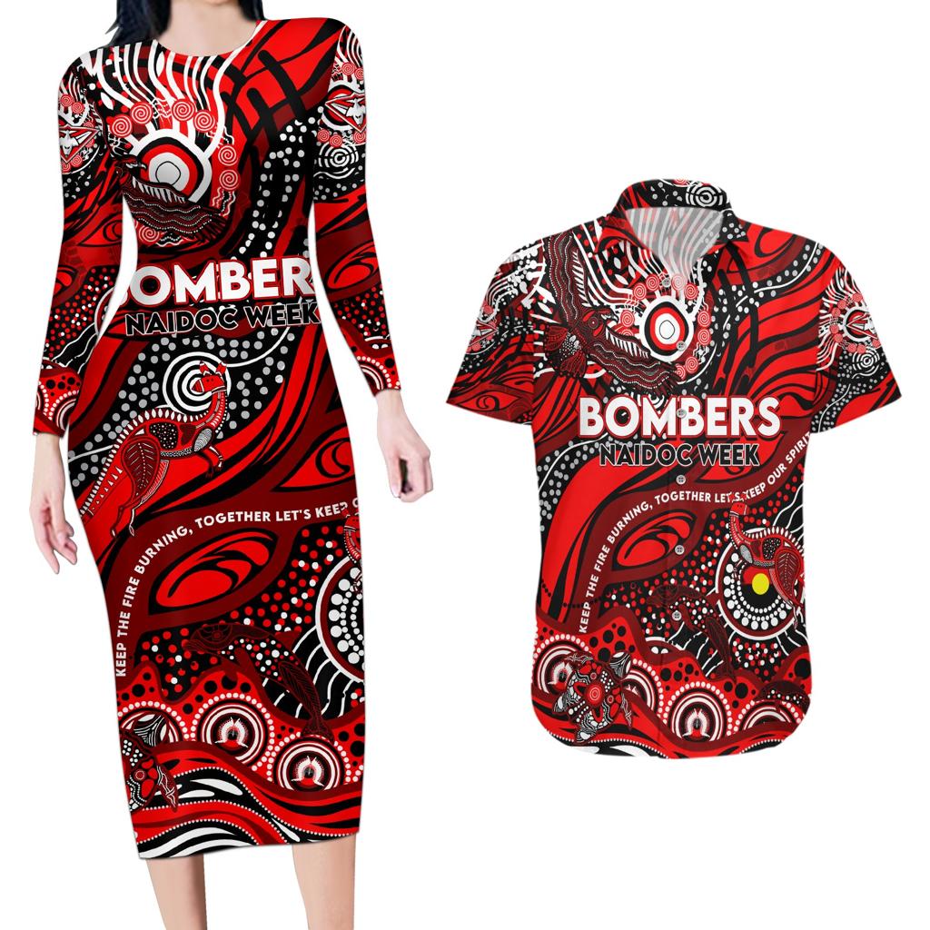 Custom NAIDOC Week 2024 Bombers Couples Matching Long Sleeve Bodycon Dress and Hawaiian Shirt Aboriginal Animals Keep The Fire Burning