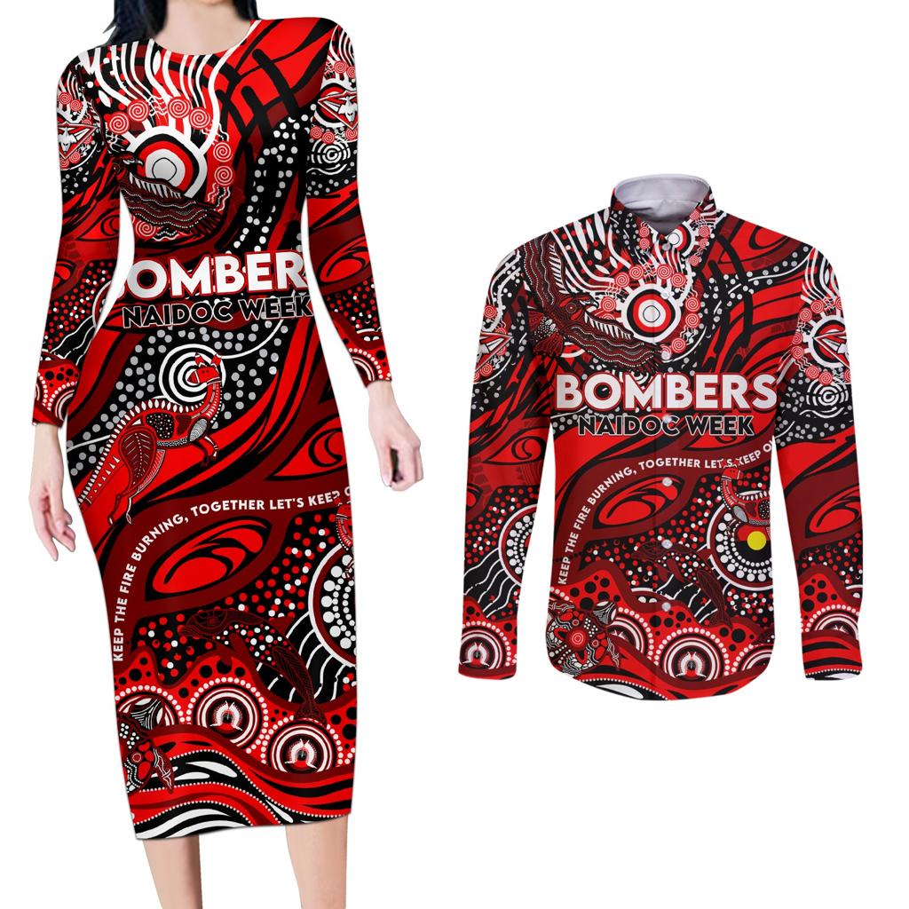 Custom NAIDOC Week 2024 Bombers Couples Matching Long Sleeve Bodycon Dress and Long Sleeve Button Shirt Aboriginal Animals Keep The Fire Burning