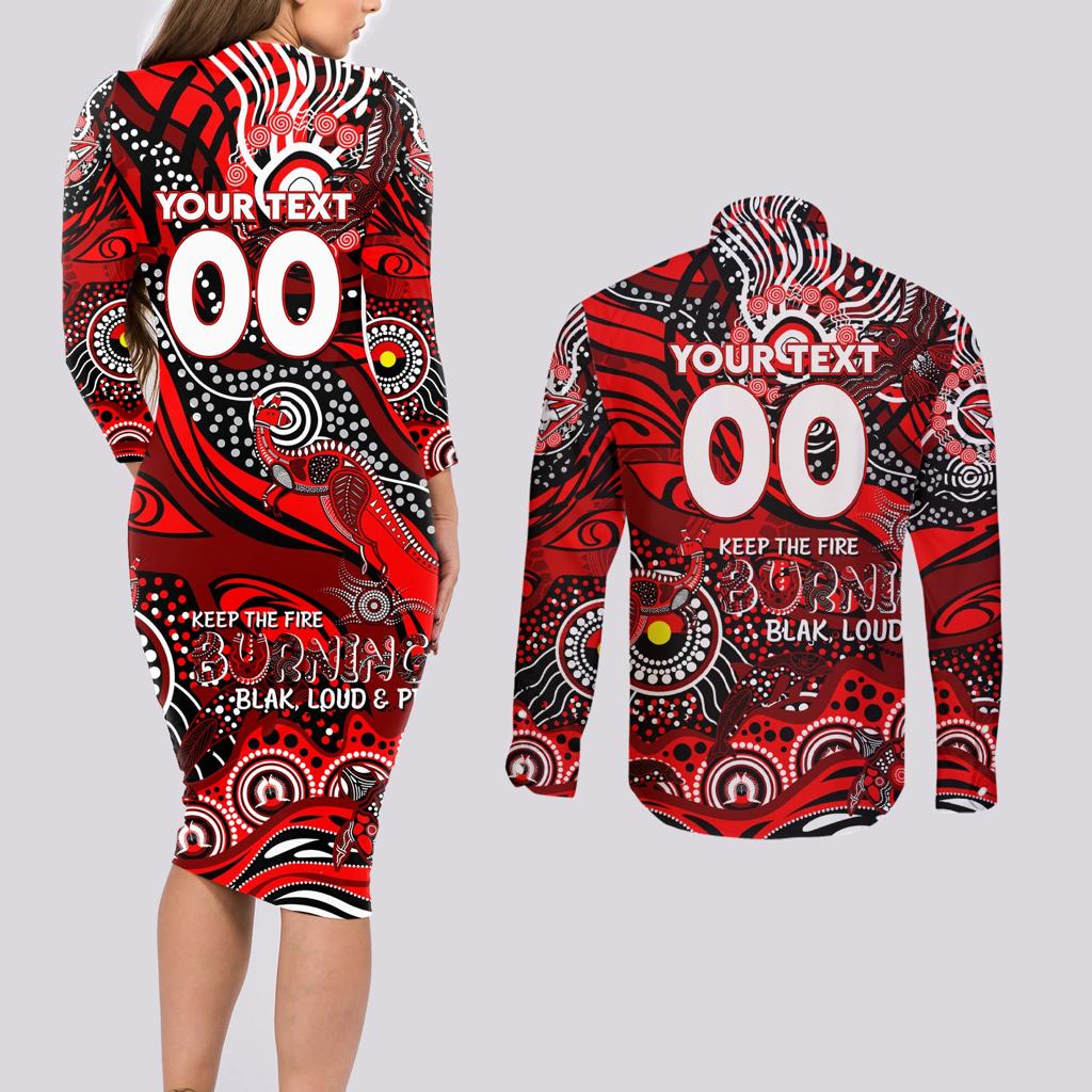 Custom NAIDOC Week 2024 Bombers Couples Matching Long Sleeve Bodycon Dress and Long Sleeve Button Shirt Aboriginal Animals Keep The Fire Burning