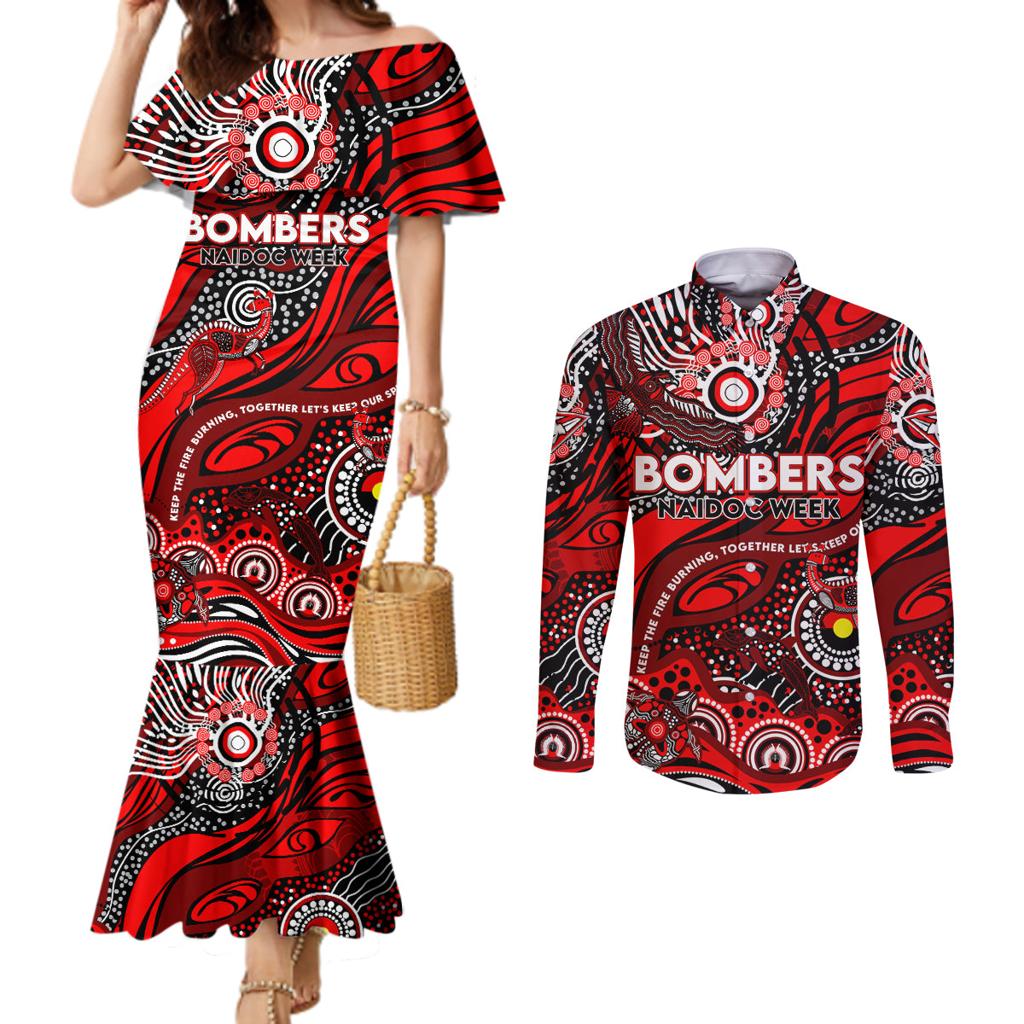 Custom NAIDOC Week 2024 Bombers Couples Matching Mermaid Dress and Long Sleeve Button Shirt Aboriginal Animals Keep The Fire Burning