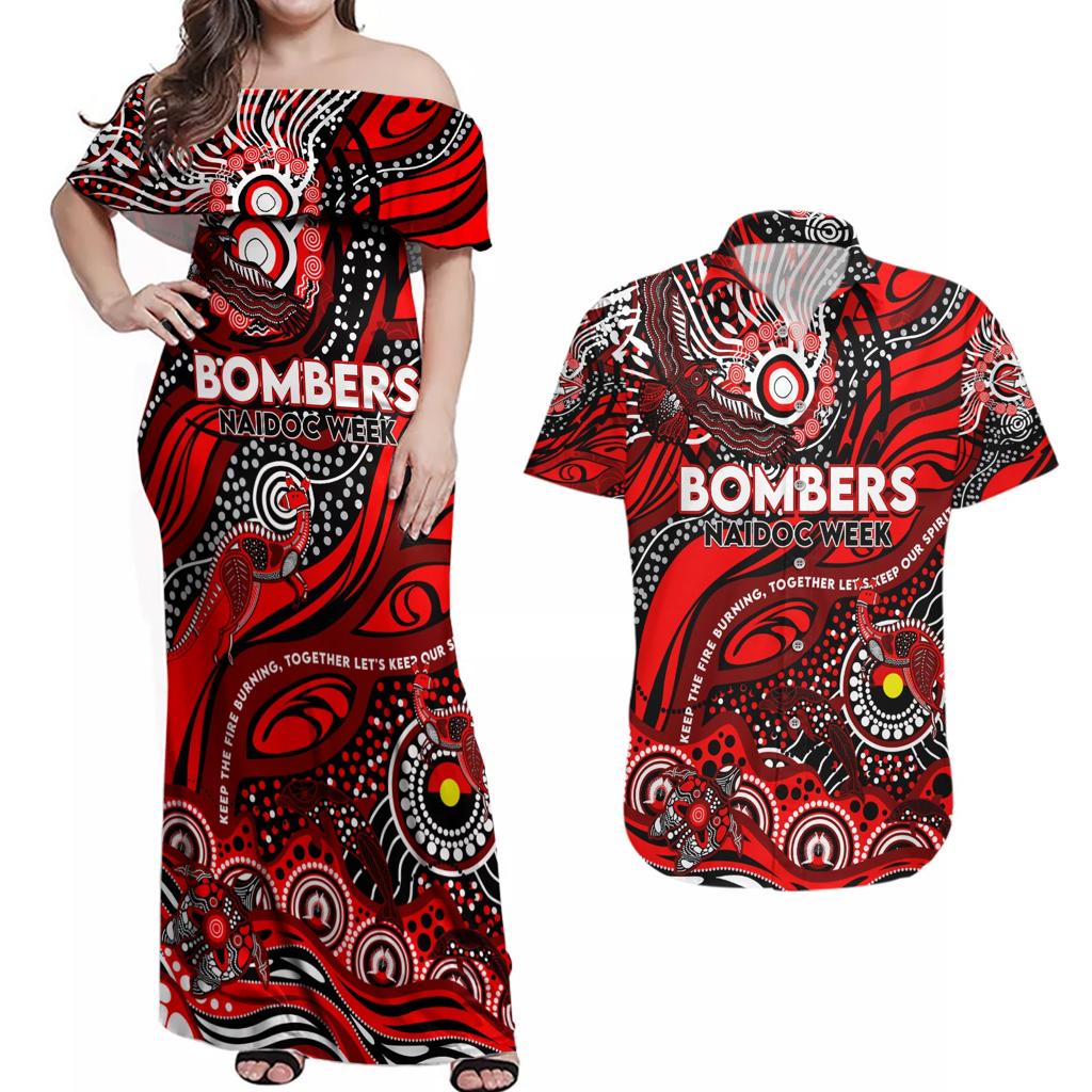 Custom NAIDOC Week 2024 Bombers Couples Matching Off Shoulder Maxi Dress and Hawaiian Shirt Aboriginal Animals Keep The Fire Burning