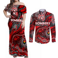 Custom NAIDOC Week 2024 Bombers Couples Matching Off Shoulder Maxi Dress and Long Sleeve Button Shirt Aboriginal Animals Keep The Fire Burning