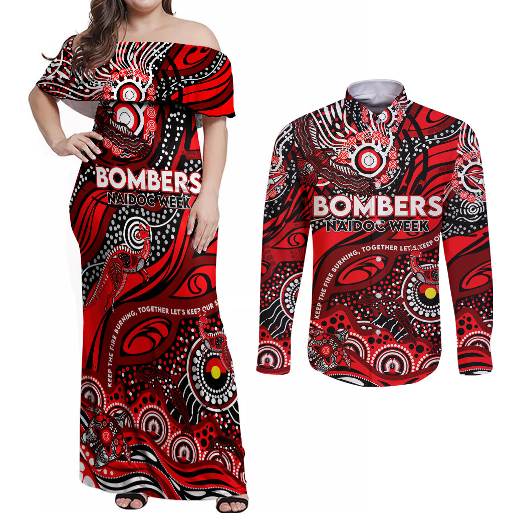 Custom NAIDOC Week 2024 Bombers Couples Matching Off Shoulder Maxi Dress and Long Sleeve Button Shirt Aboriginal Animals Keep The Fire Burning