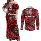 Custom NAIDOC Week 2024 Bombers Couples Matching Off Shoulder Maxi Dress and Long Sleeve Button Shirt Aboriginal Animals Keep The Fire Burning