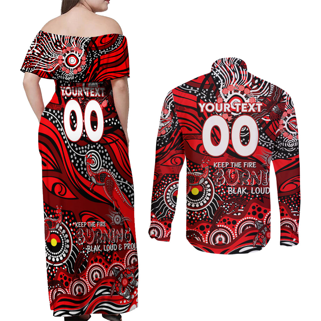 Custom NAIDOC Week 2024 Bombers Couples Matching Off Shoulder Maxi Dress and Long Sleeve Button Shirt Aboriginal Animals Keep The Fire Burning