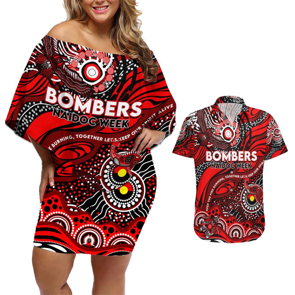 Custom NAIDOC Week 2024 Bombers Couples Matching Off Shoulder Short Dress and Hawaiian Shirt Aboriginal Animals Keep The Fire Burning