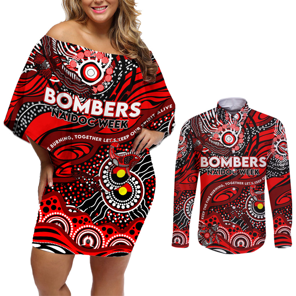 Custom NAIDOC Week 2024 Bombers Couples Matching Off Shoulder Short Dress and Long Sleeve Button Shirt Aboriginal Animals Keep The Fire Burning
