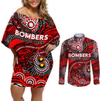 Custom NAIDOC Week 2024 Bombers Couples Matching Off Shoulder Short Dress and Long Sleeve Button Shirt Aboriginal Animals Keep The Fire Burning