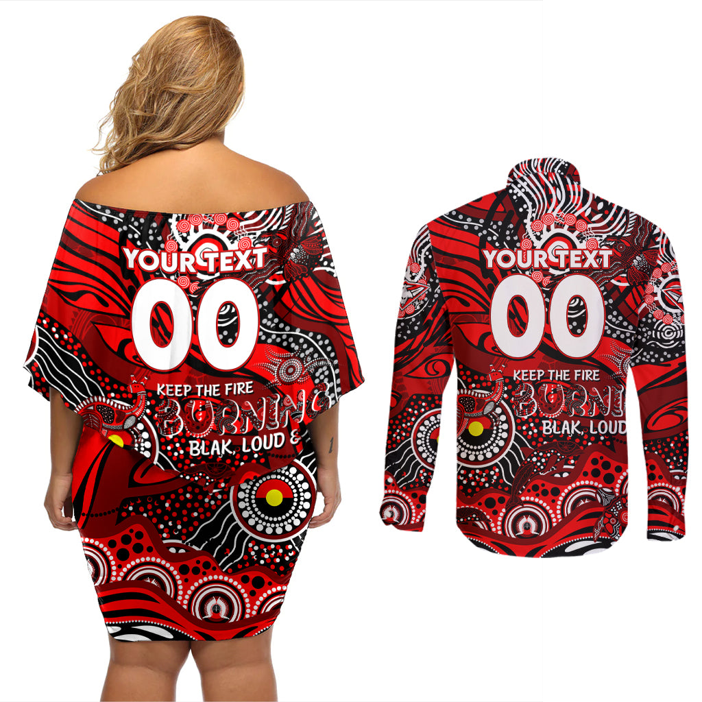 Custom NAIDOC Week 2024 Bombers Couples Matching Off Shoulder Short Dress and Long Sleeve Button Shirt Aboriginal Animals Keep The Fire Burning