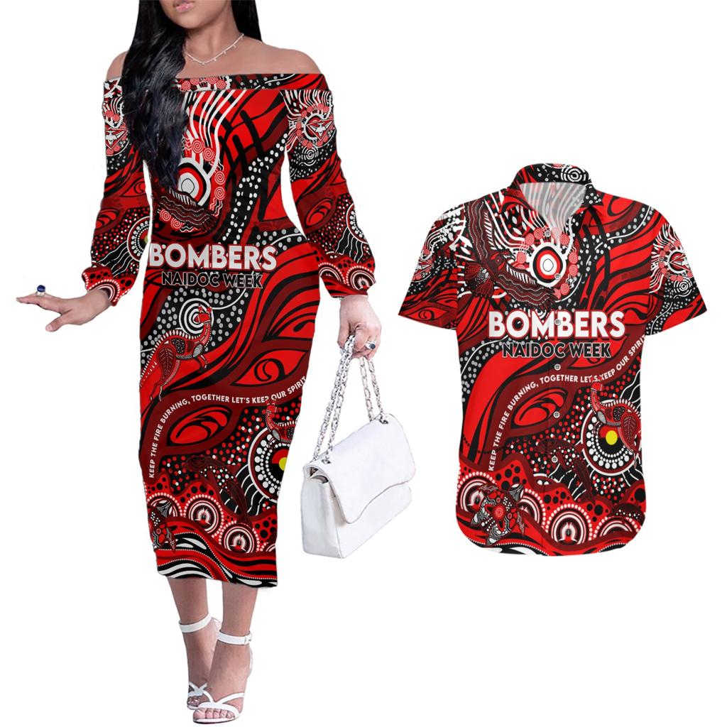 Custom NAIDOC Week 2024 Bombers Couples Matching Off The Shoulder Long Sleeve Dress and Hawaiian Shirt Aboriginal Animals Keep The Fire Burning