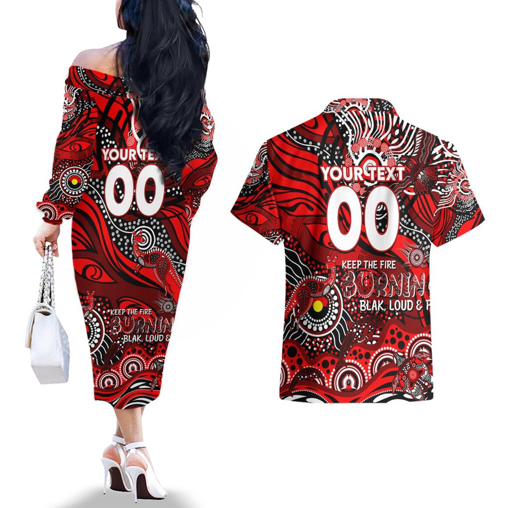 Custom NAIDOC Week 2024 Bombers Couples Matching Off The Shoulder Long Sleeve Dress and Hawaiian Shirt Aboriginal Animals Keep The Fire Burning