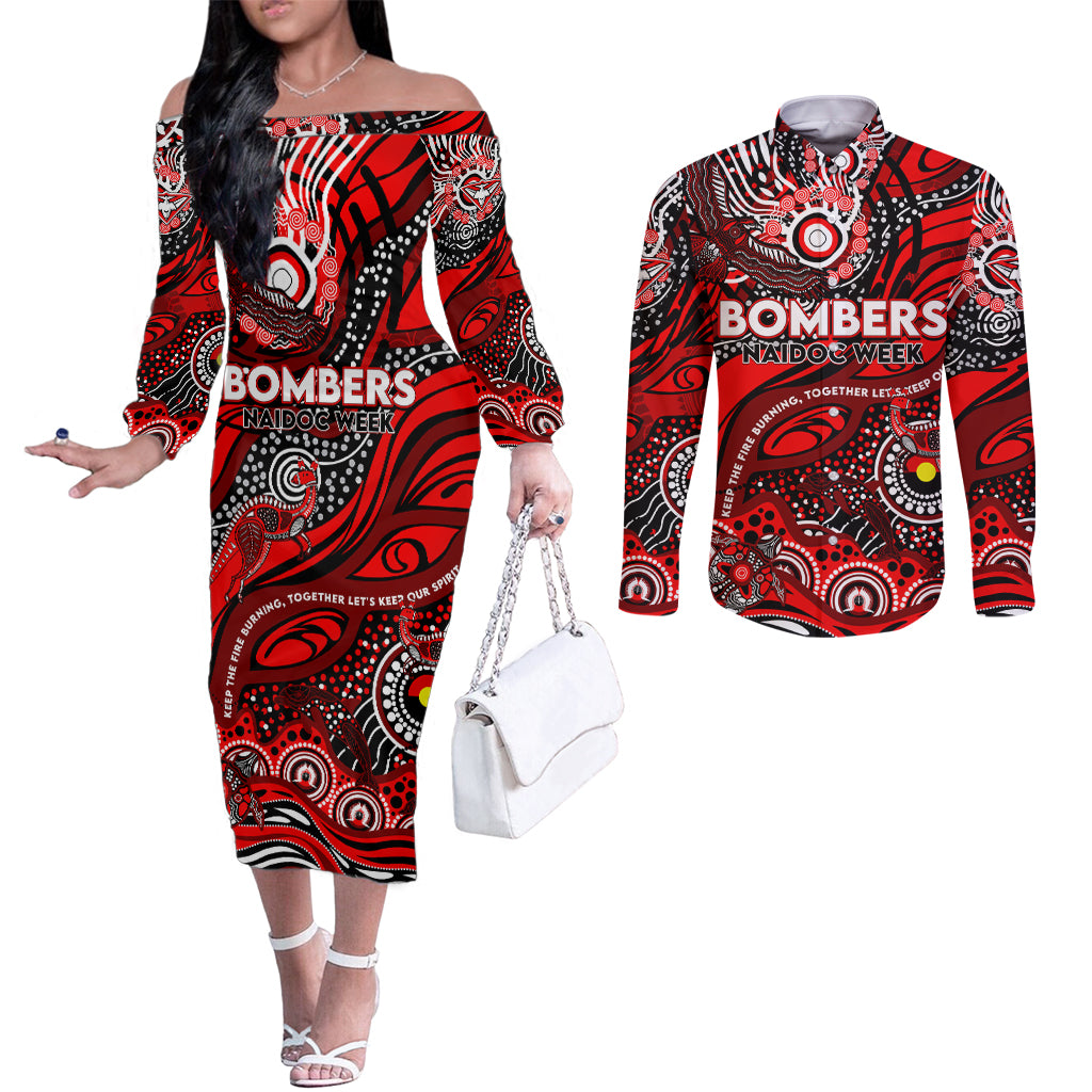 Custom NAIDOC Week 2024 Bombers Couples Matching Off The Shoulder Long Sleeve Dress and Long Sleeve Button Shirt Aboriginal Animals Keep The Fire Burning