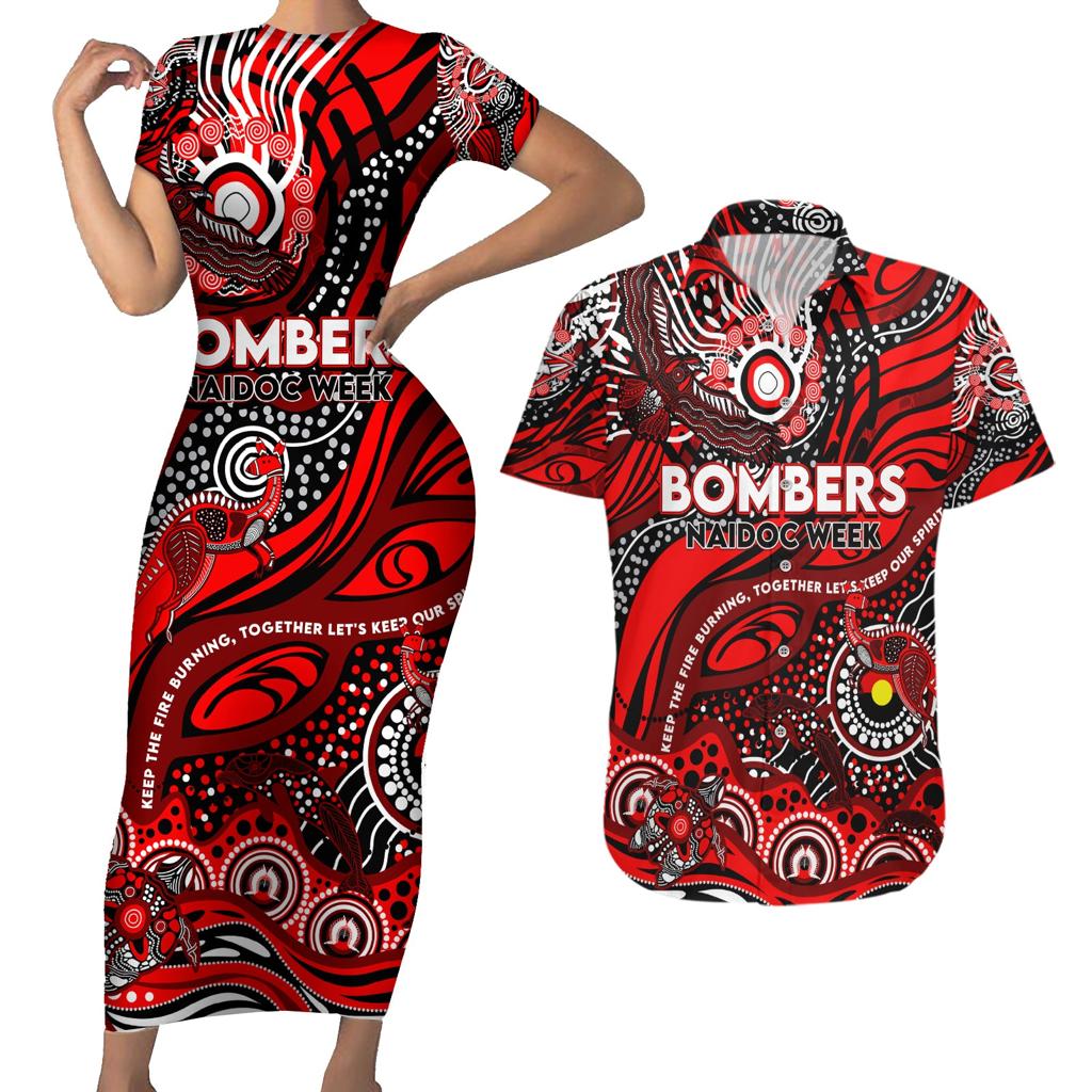 Custom NAIDOC Week 2024 Bombers Couples Matching Short Sleeve Bodycon Dress and Hawaiian Shirt Aboriginal Animals Keep The Fire Burning