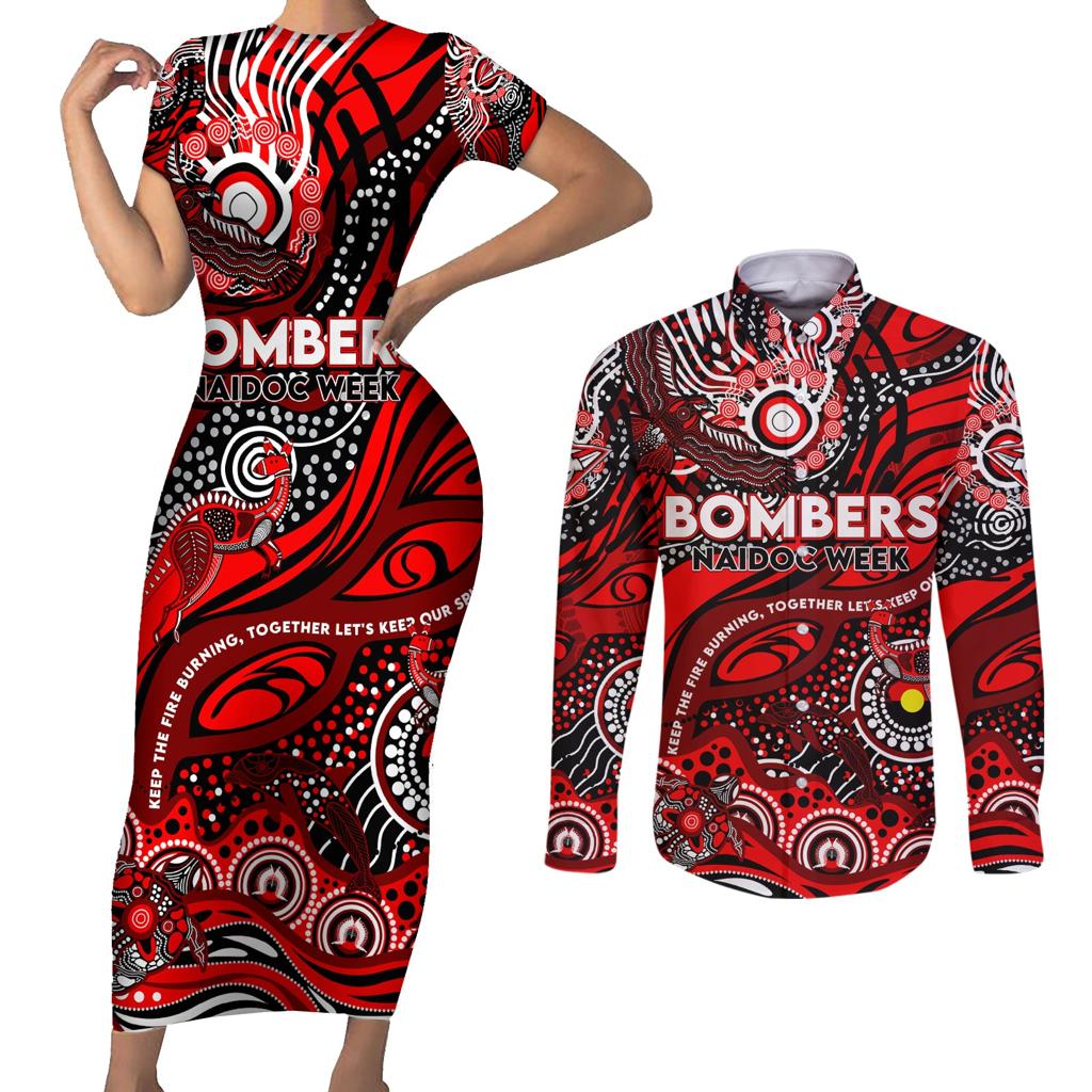 Custom NAIDOC Week 2024 Bombers Couples Matching Short Sleeve Bodycon Dress and Long Sleeve Button Shirt Aboriginal Animals Keep The Fire Burning