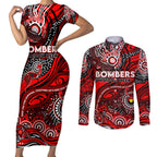 Custom NAIDOC Week 2024 Bombers Couples Matching Short Sleeve Bodycon Dress and Long Sleeve Button Shirt Aboriginal Animals Keep The Fire Burning