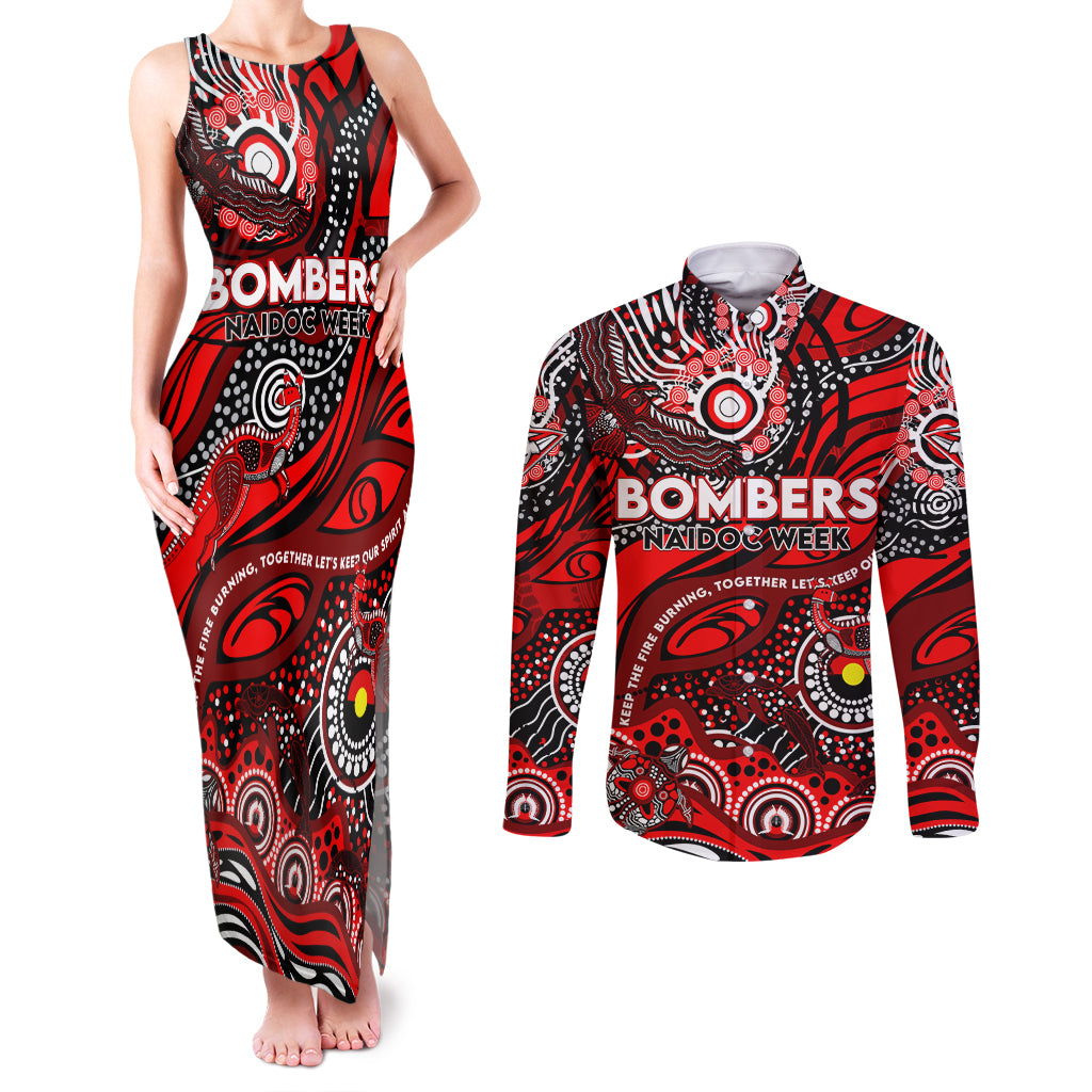 Custom NAIDOC Week 2024 Bombers Couples Matching Tank Maxi Dress and Long Sleeve Button Shirt Aboriginal Animals Keep The Fire Burning