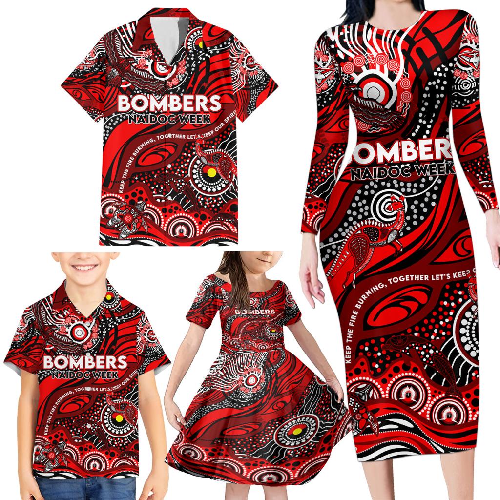 Custom NAIDOC Week 2024 Bombers Family Matching Long Sleeve Bodycon Dress and Hawaiian Shirt Aboriginal Animals Keep The Fire Burning