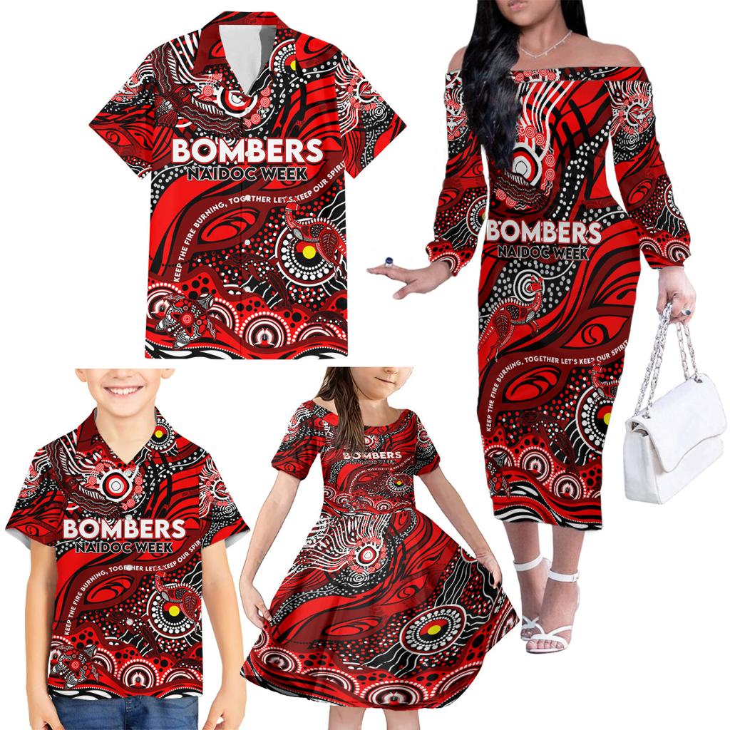 Custom NAIDOC Week 2024 Bombers Family Matching Off The Shoulder Long Sleeve Dress and Hawaiian Shirt Aboriginal Animals Keep The Fire Burning
