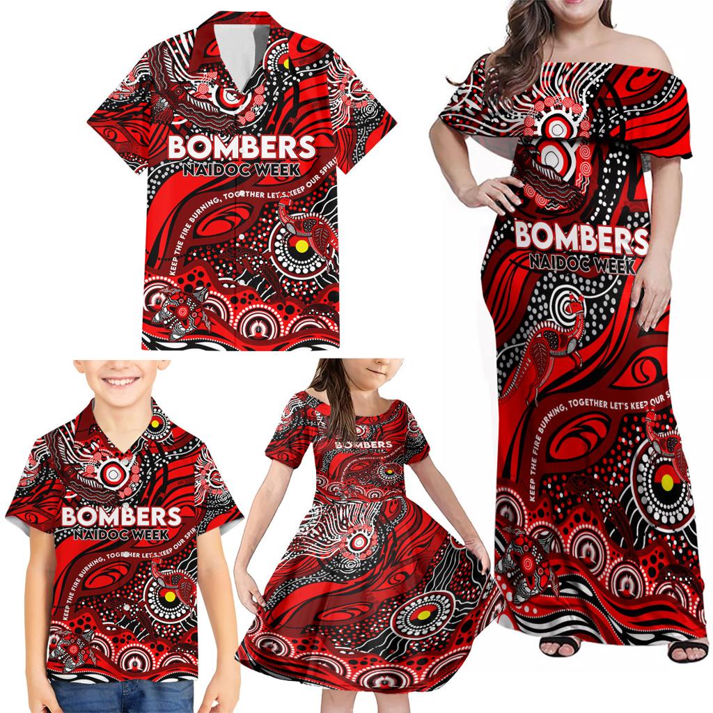 Custom NAIDOC Week 2024 Bombers Family Matching Off Shoulder Maxi Dress and Hawaiian Shirt Aboriginal Animals Keep The Fire Burning