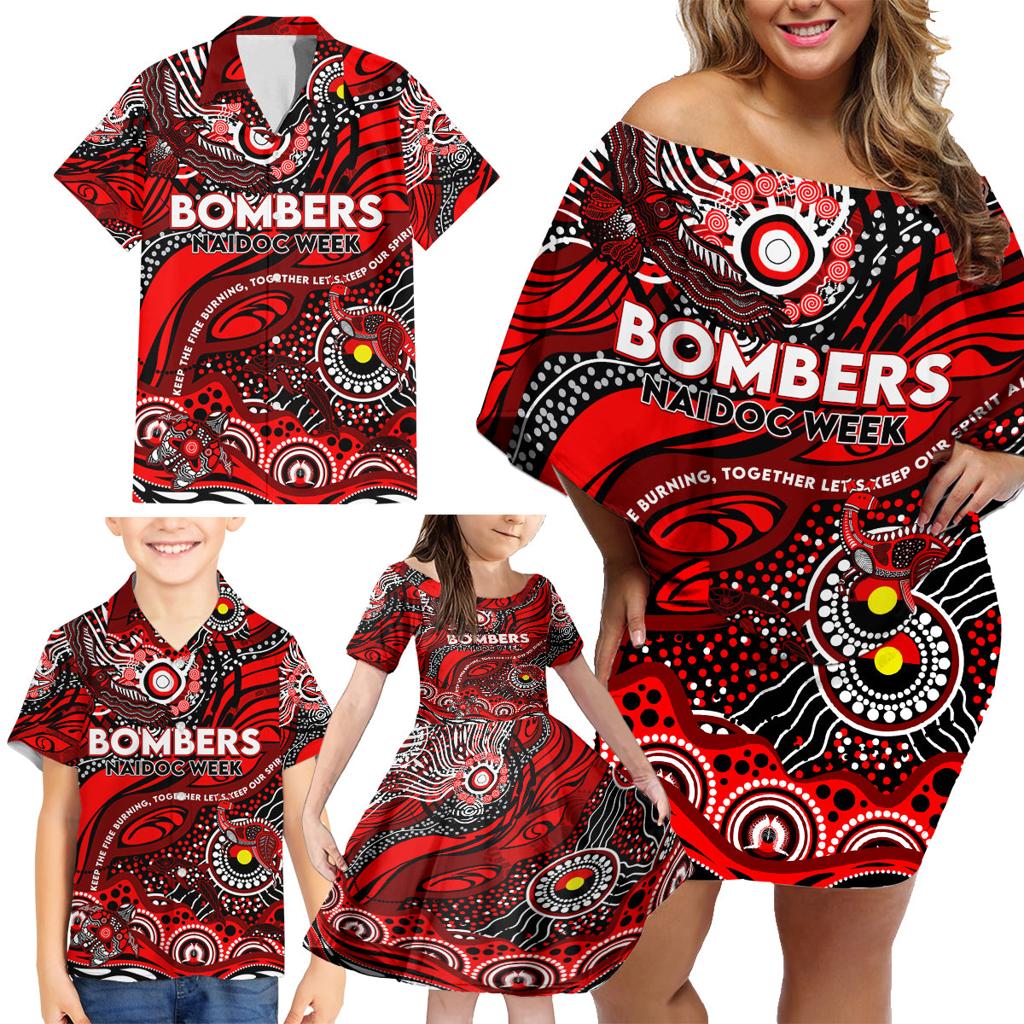 Custom NAIDOC Week 2024 Bombers Family Matching Off Shoulder Short Dress and Hawaiian Shirt Aboriginal Animals Keep The Fire Burning