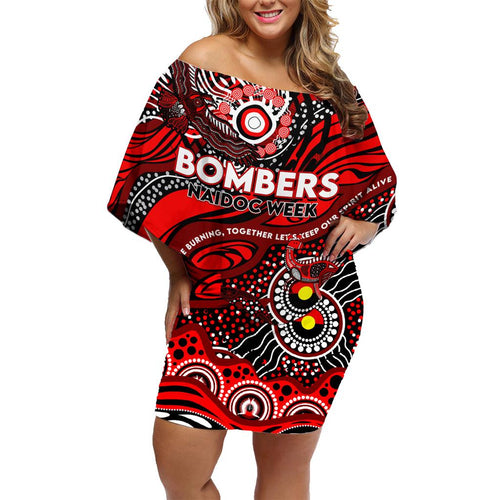 Custom NAIDOC Week 2024 Bombers Family Matching Off Shoulder Short Dress and Hawaiian Shirt Aboriginal Animals Keep The Fire Burning